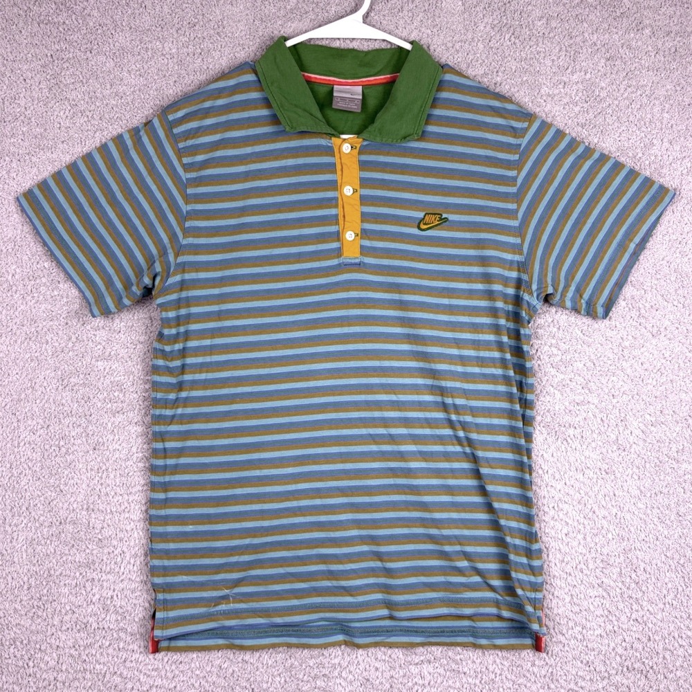Vintage Nike Polo Mens Medium Blue Striped Swoosh Y2K Retro Preppy Shirt